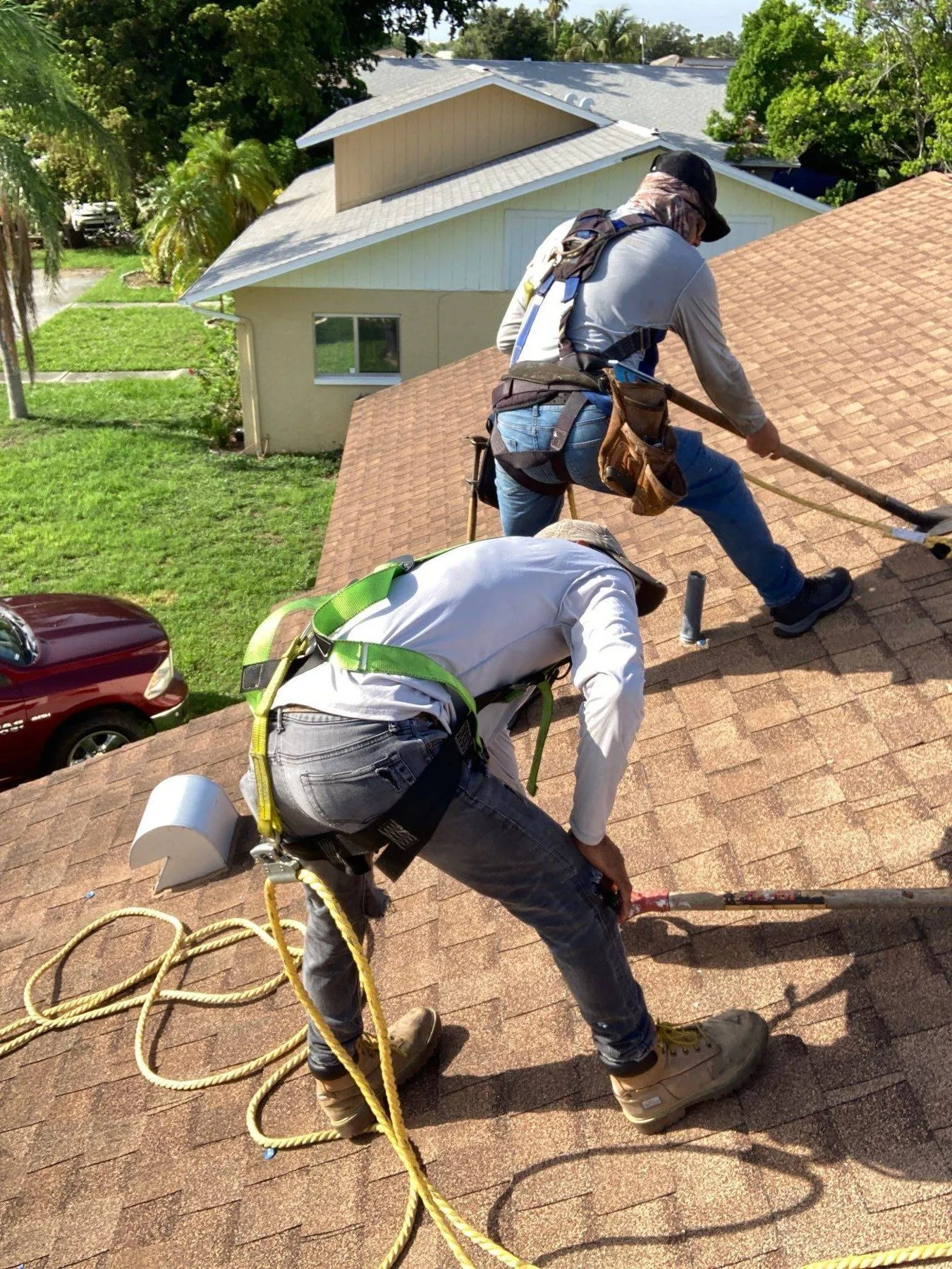 Royalty roofing crew in safety harnesses working on a Florida shingle roof